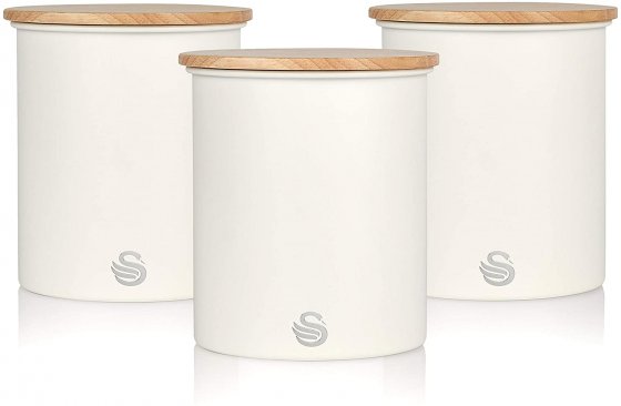 Set 3 cutii de depozitare bucatarie Swan SWKA17513WHTN, din otel carbonic, capacitate 1.8L, capac din bambus, culoare alb