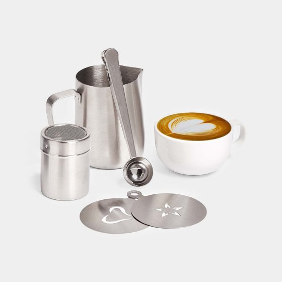 Set 5 accesorii pentru cafea VonShef 1000362, o cana de spumat lapte, un agitator, 1 lingura 2-in-1, 2 sabloane, din otel inoxidabil 