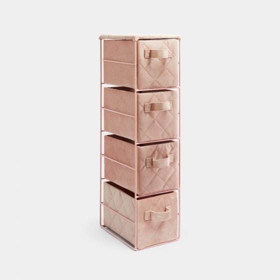 Suport depozitare cu 4 sertare Beautify 4000396, din catifea, cadru metalic, inaltime 65 cm, roz